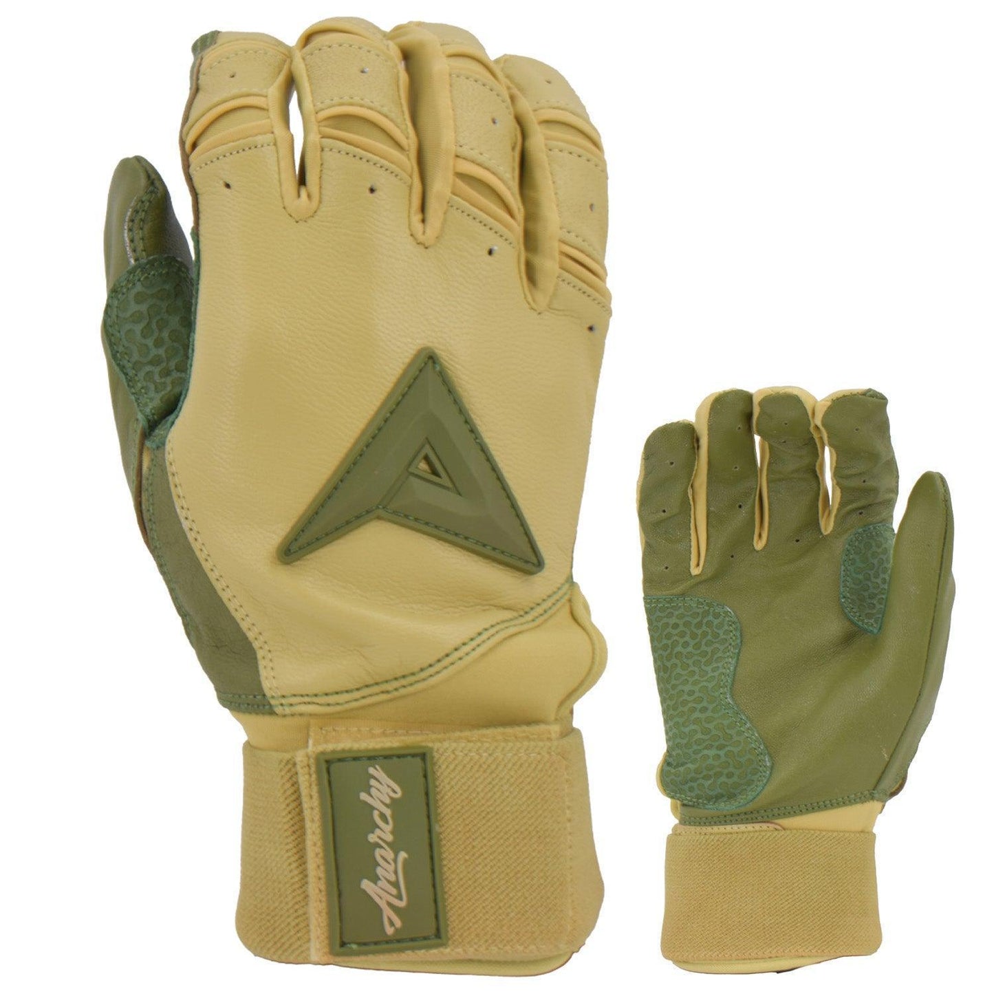 Anarchy Grindstone Long Cuff Batting Glove - Tan/OD Green – Product View | Smash It Sports | leather, pro
