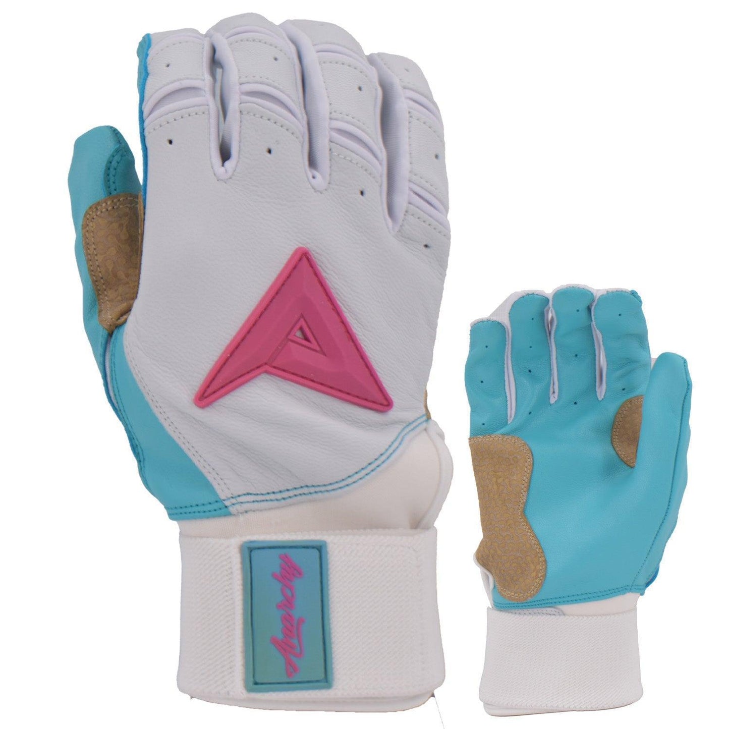 Anarchy Grindstone Long Cuff Batting Glove - White/Carolina/Pink – Product View | Smash It Sports | leather, pro