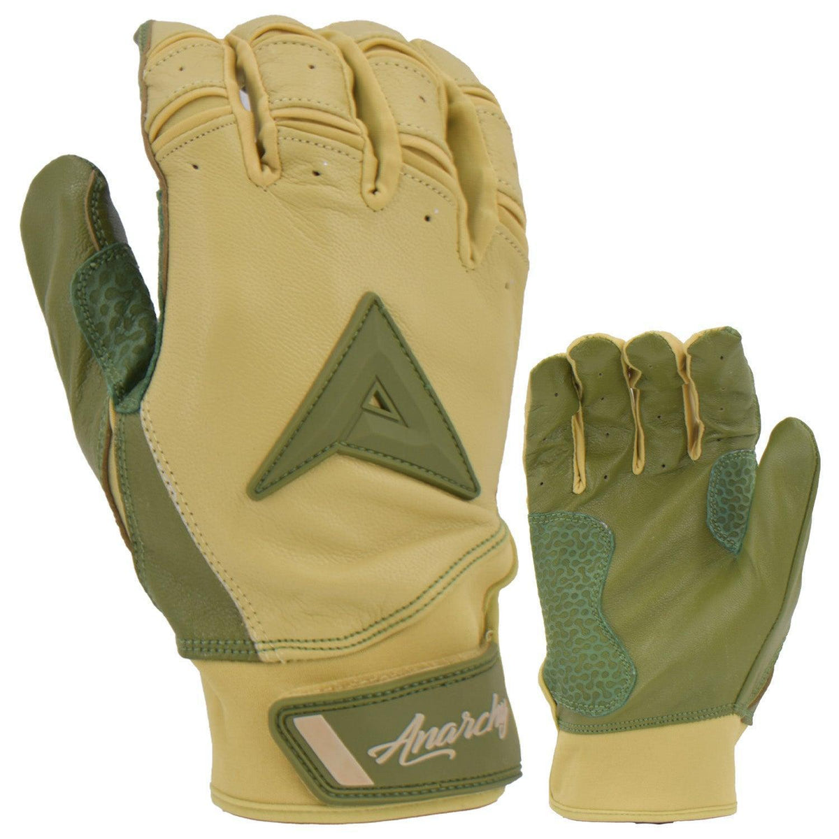 Anarchy Grindstone Short Cuff Batting Glove - Tan/OD Green – Product View | Smash It Sports | leather, pro