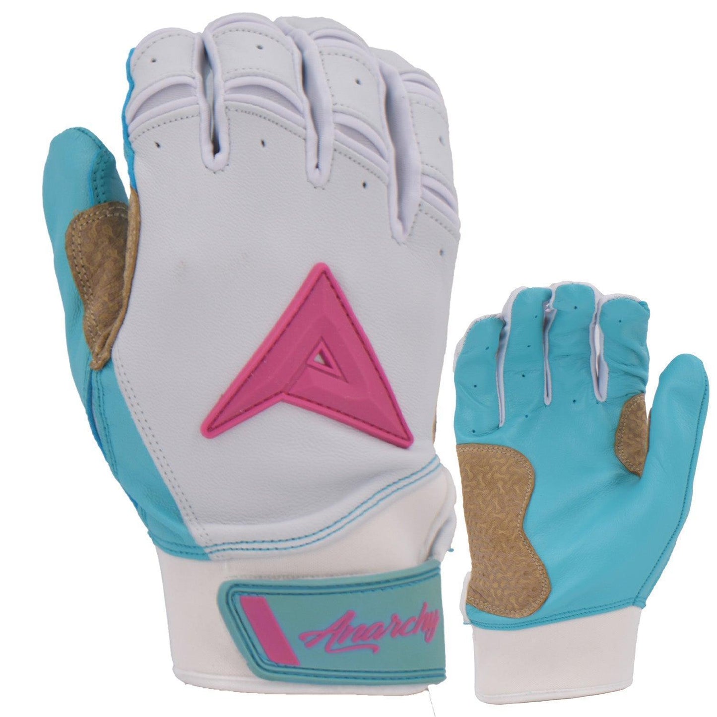 Anarchy Grindstone Short Cuff Batting Glove - White/Carolina/Pink – Product View | Smash It Sports | leather, pro