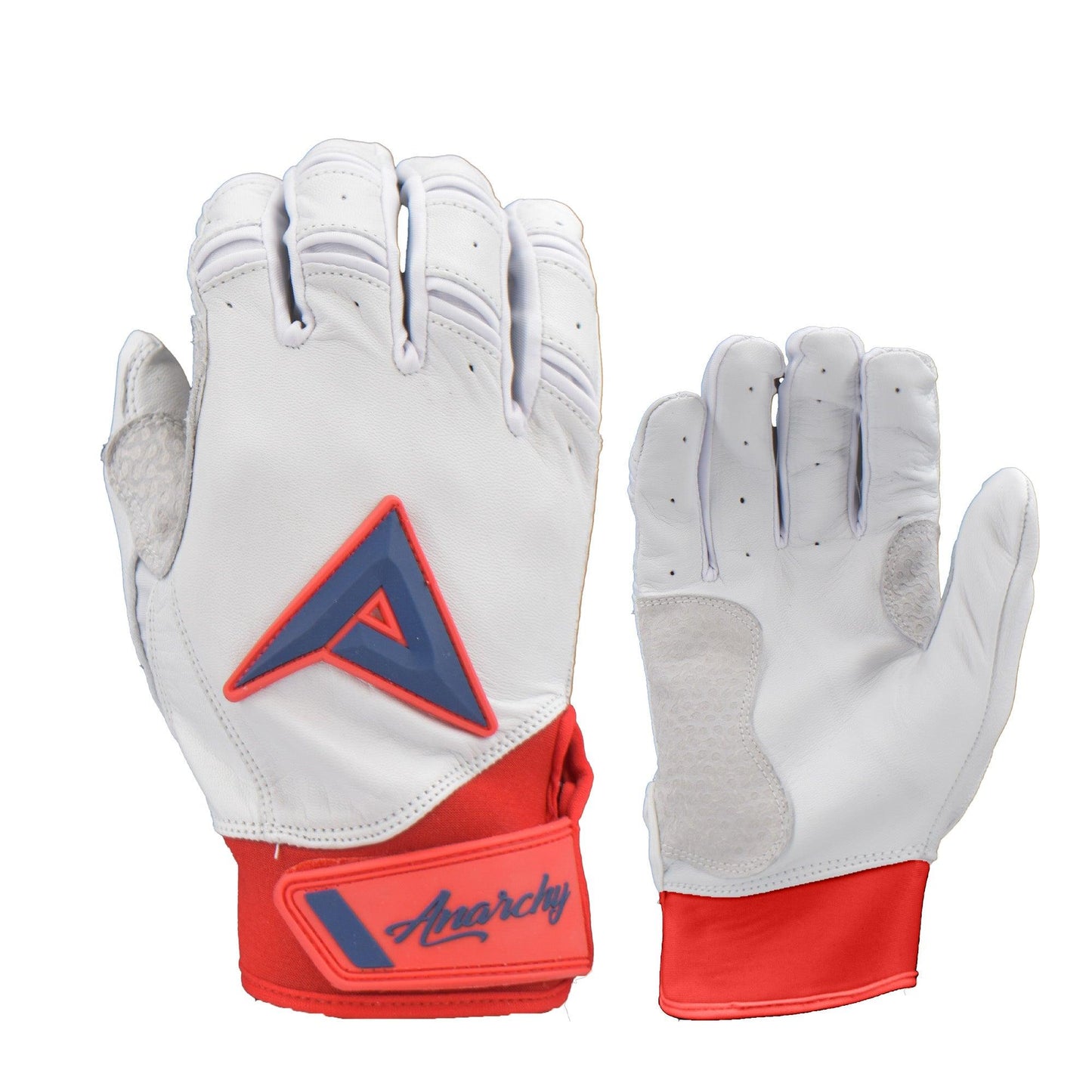Anarchy Grindstone Short Cuff Batting Glove - Whiteout - Red/Navy – Product View | Smash It Sports | leather, pro