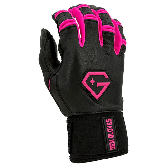 Gem Glove Prospector Long Cuff Batting Glove - Black/Pink – Product View | Smash It Sports | leather, pro