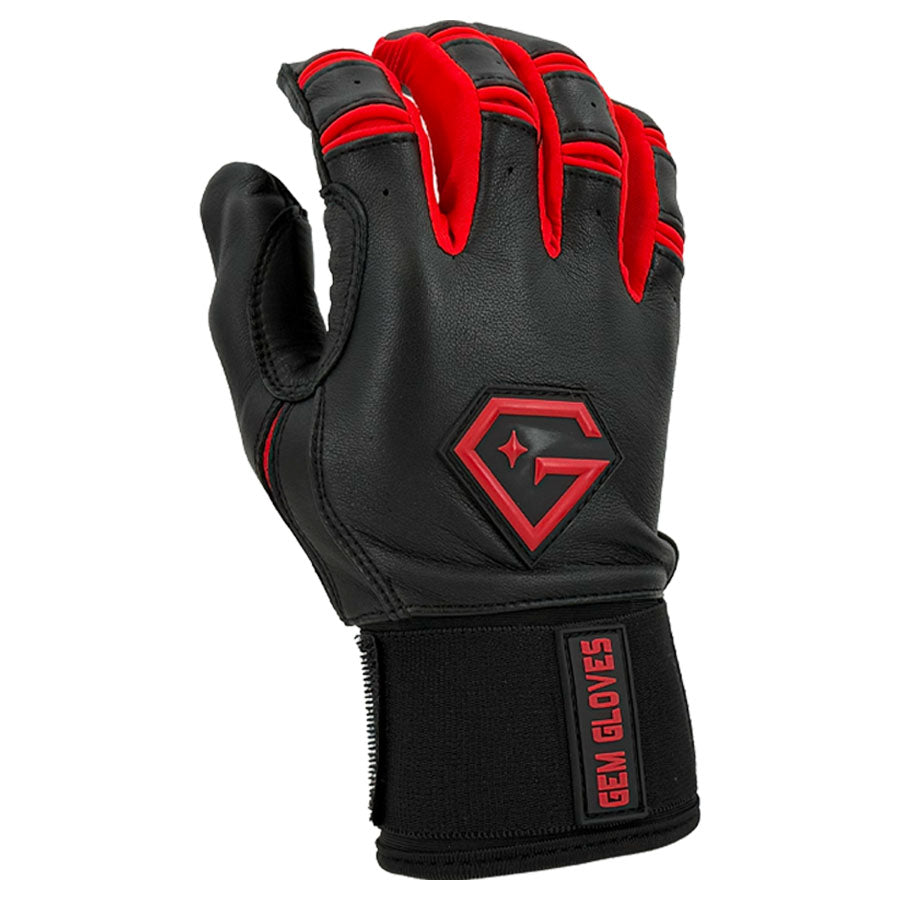 Gem Glove Prospector Long Cuff Batting Glove - Black/Red – Product View | Smash It Sports | leather, pro