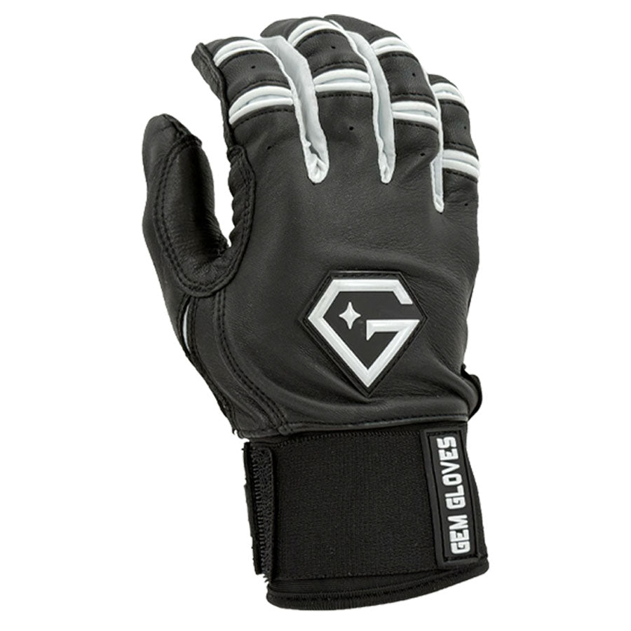 Gem Glove Prospector Long Cuff Batting Glove - Black/White – Product View | Smash It Sports | leather, pro