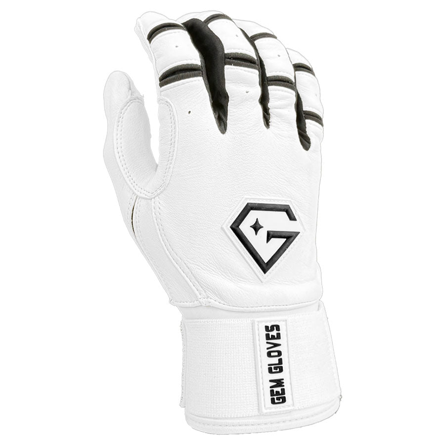 Gem Glove Prospector Long Cuff Batting Glove - White/Black – Product View | Smash It Sports | leather, pro