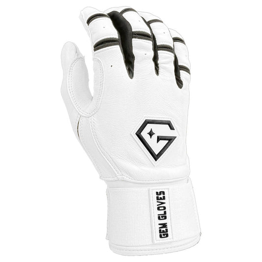 Gem Glove Prospector Long Cuff Batting Glove - White/Black – Product View | Smash It Sports | leather, pro