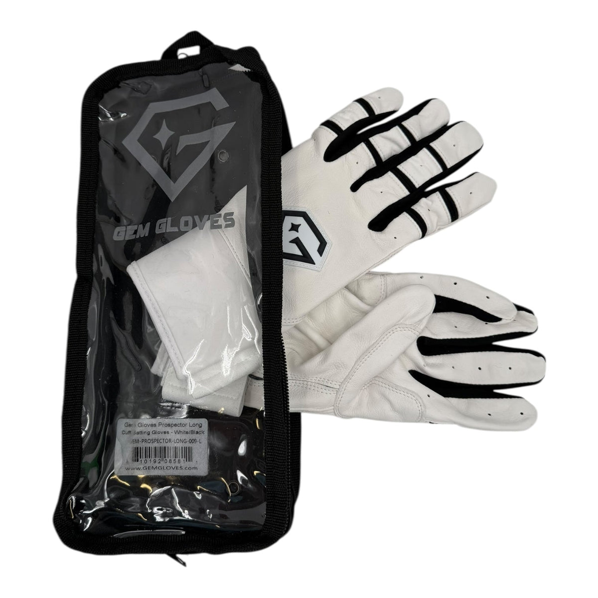 Gem Glove Prospector Long Cuff Batting Glove - White/Black – Product View | Smash It Sports | leather, pro