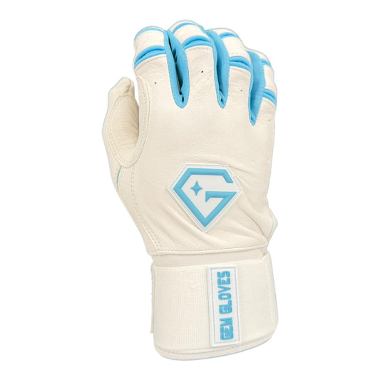 Gem Glove Prospector Long Cuff Batting Glove - White/Carolina – Product View | Smash It Sports | leather, pro