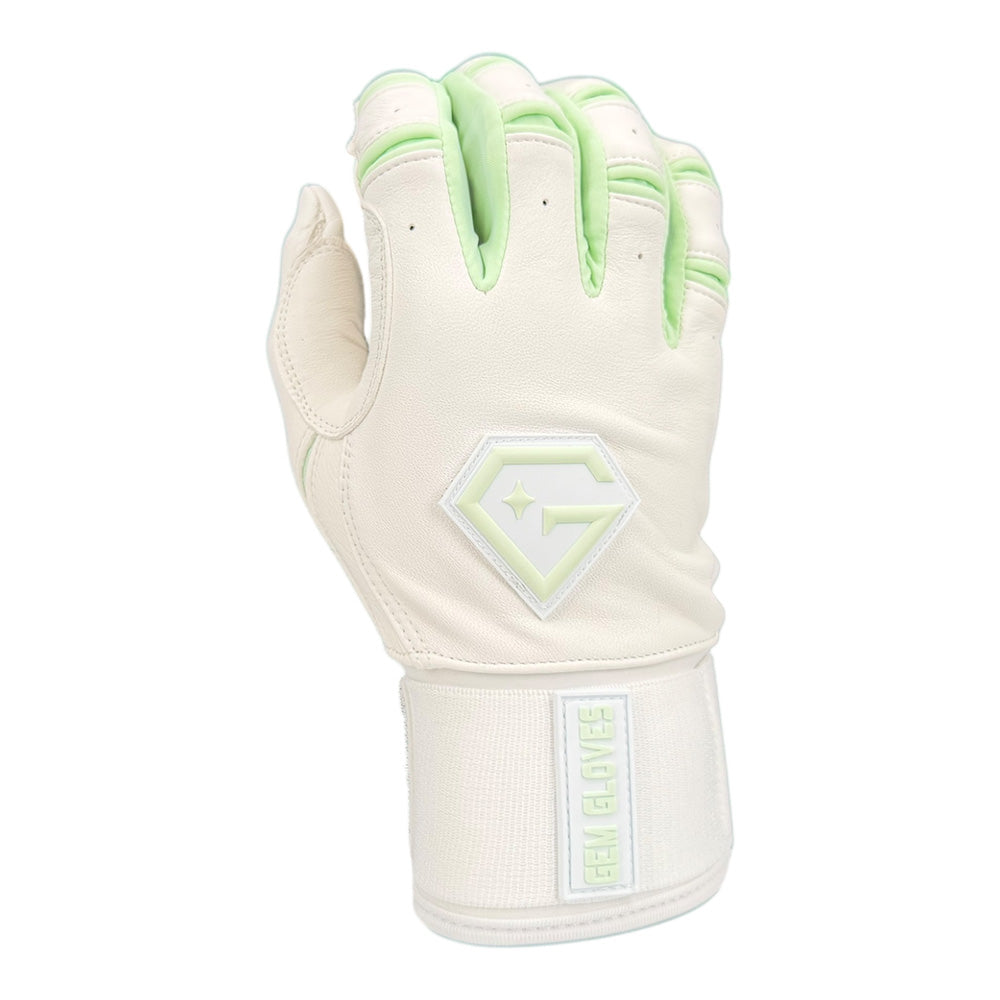 Gem Glove Prospector Long Cuff Batting Glove - White/Mint – Product View | Smash It Sports | leather, pro