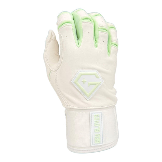 Gem Glove Prospector Long Cuff Batting Glove - White/Mint – Product View | Smash It Sports | leather, pro