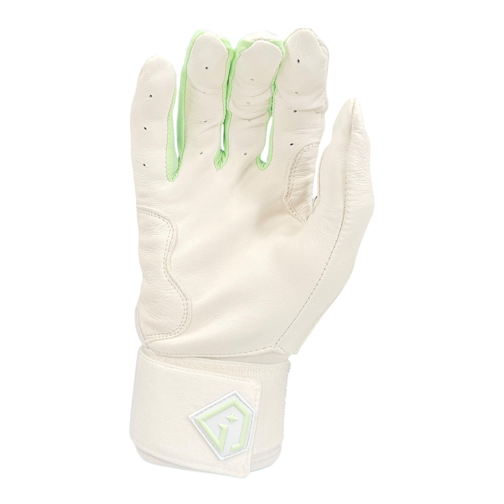 Gem Glove Prospector Long Cuff Batting Glove - White/Mint – Product View | Smash It Sports | leather, pro