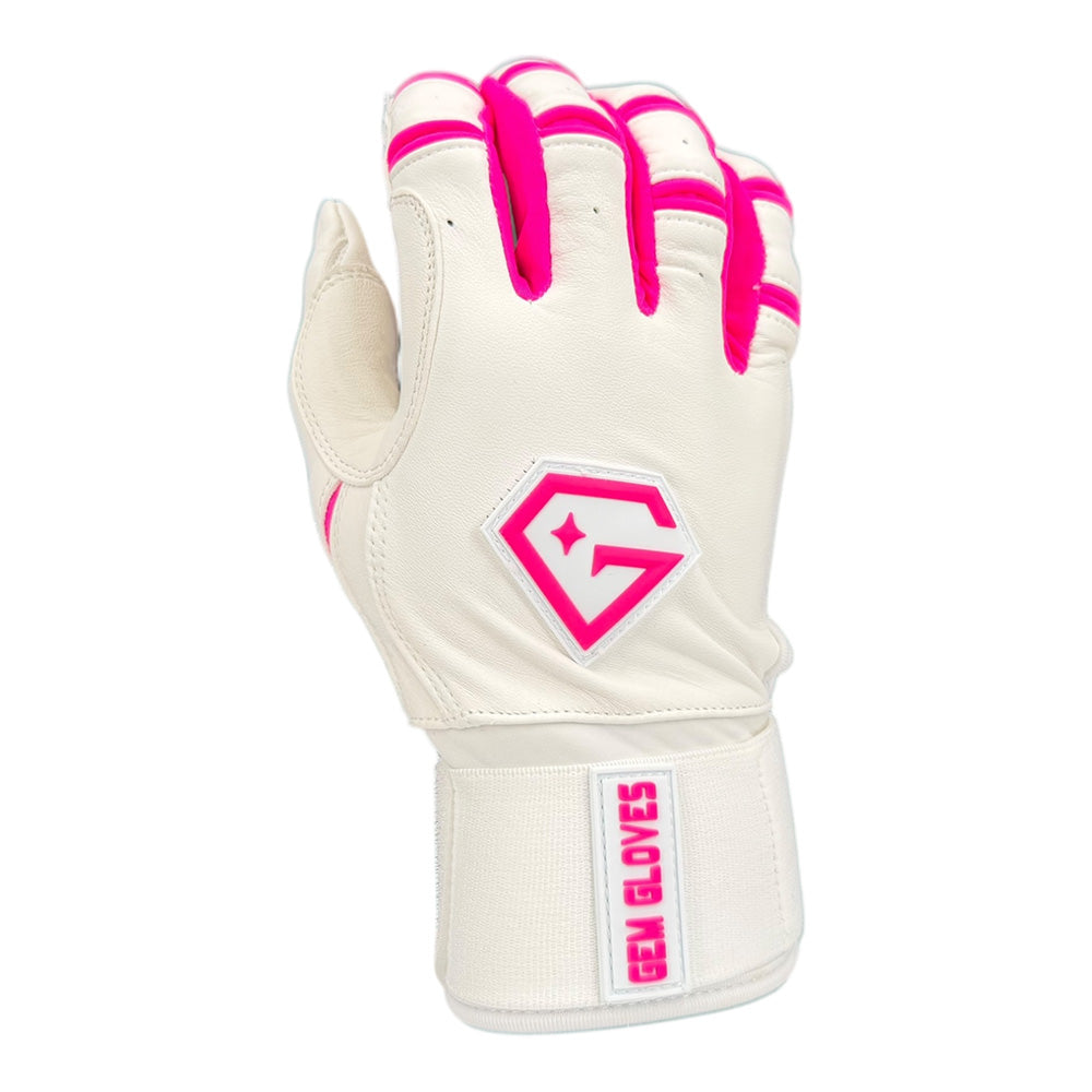 Gem Glove Prospector Long Cuff Batting Glove - White/Pink – Product View | Smash It Sports | leather, pro