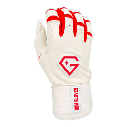Gem Glove Prospector Long Cuff Batting Glove - White/Red – Product View | Smash It Sports | leather, pro
