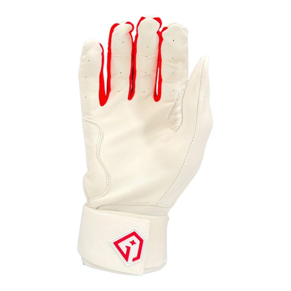 Gem Glove Prospector Long Cuff Batting Glove - White/Red – Product View | Smash It Sports | leather, pro