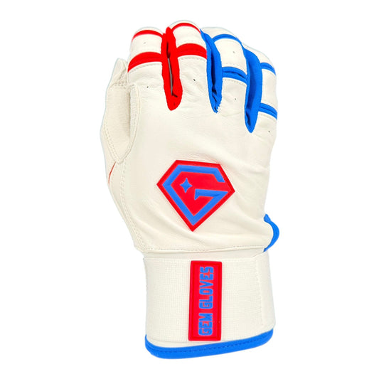 Gem Glove Prospector Long Cuff Batting Glove - White/Red/Royal – Product View | Smash It Sports | leather, pro