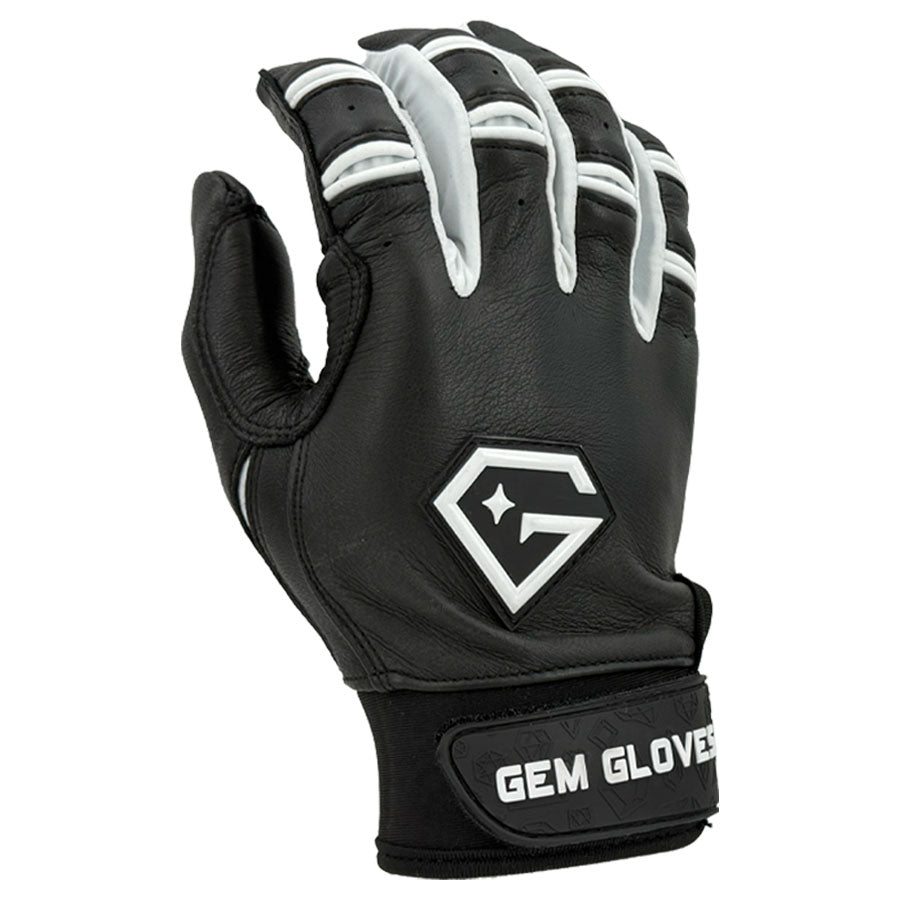 Gem Glove Prospector Short Cuff Batting Glove - Black/White – Product View | Smash It Sports | leather, pro