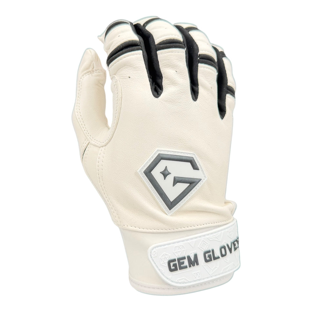 Gem Glove Prospector Short Cuff Batting Glove - White/Black – Product View | Smash It Sports | leather, pro