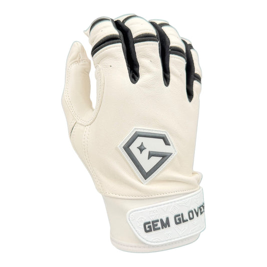 Gem Glove Prospector Short Cuff Batting Glove - White/Black – Product View | Smash It Sports | leather, pro