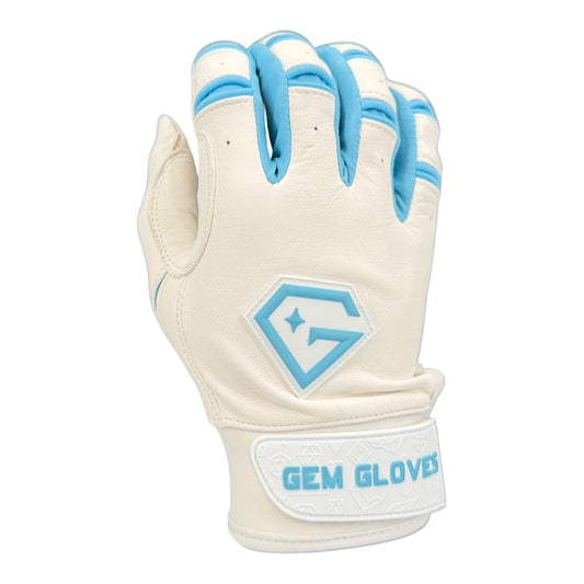 Gem Glove Prospector Short Cuff Batting Glove - White/Carolina – Product View | Smash It Sports | leather, pro