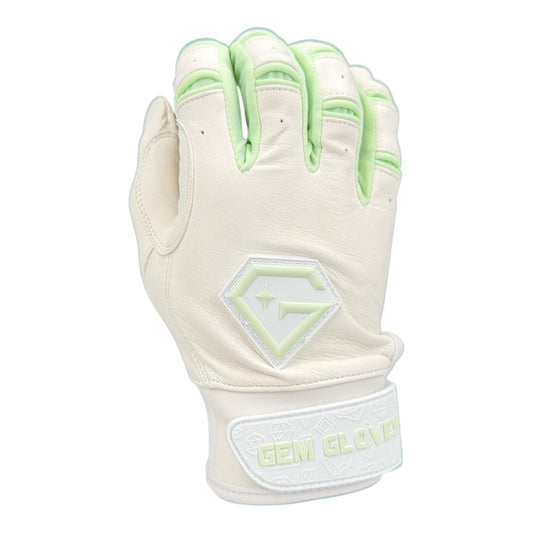 Gem Glove Prospector Short Cuff Batting Glove - White/Mint – Product View | Smash It Sports | leather, pro