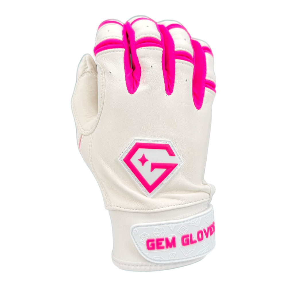 Gem Glove Prospector Short Cuff Batting Glove - White/Pink – Product View | Smash It Sports | leather, pro