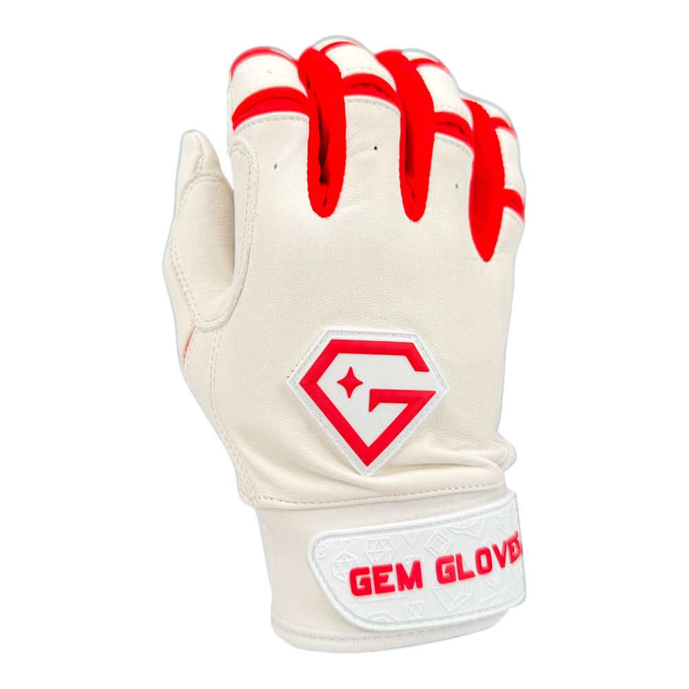 Gem Glove Prospector Short Cuff Batting Glove - White/Red – Product View | Smash It Sports | leather, pro