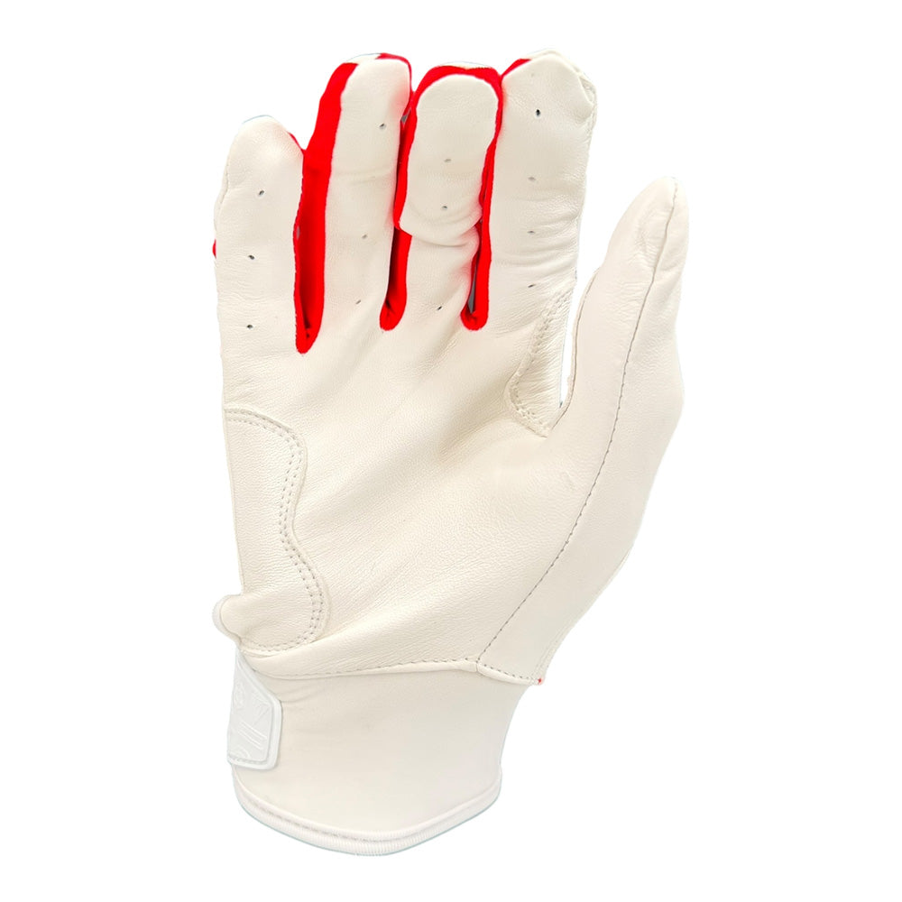 Gem Glove Prospector Short Cuff Batting Glove - White/Red – Product View | Smash It Sports | leather, pro