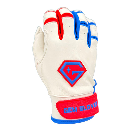 Gem Glove Prospector Short Cuff Batting Glove - White/Red/Royal – Product View | Smash It Sports | leather, pro